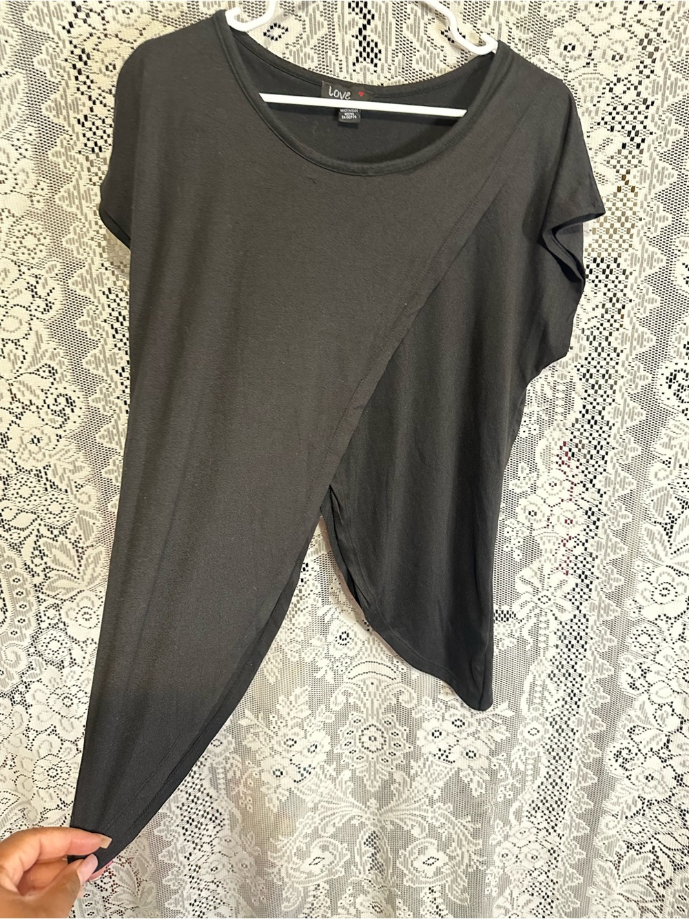 Love Black Asymmetric Draped Short Sleeve Top